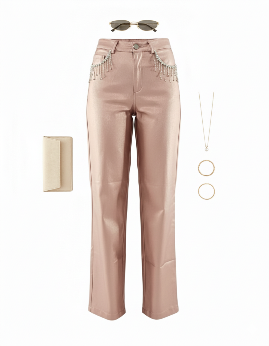 Pantalón recto satinado con brillo sutil y detalle de cadenita