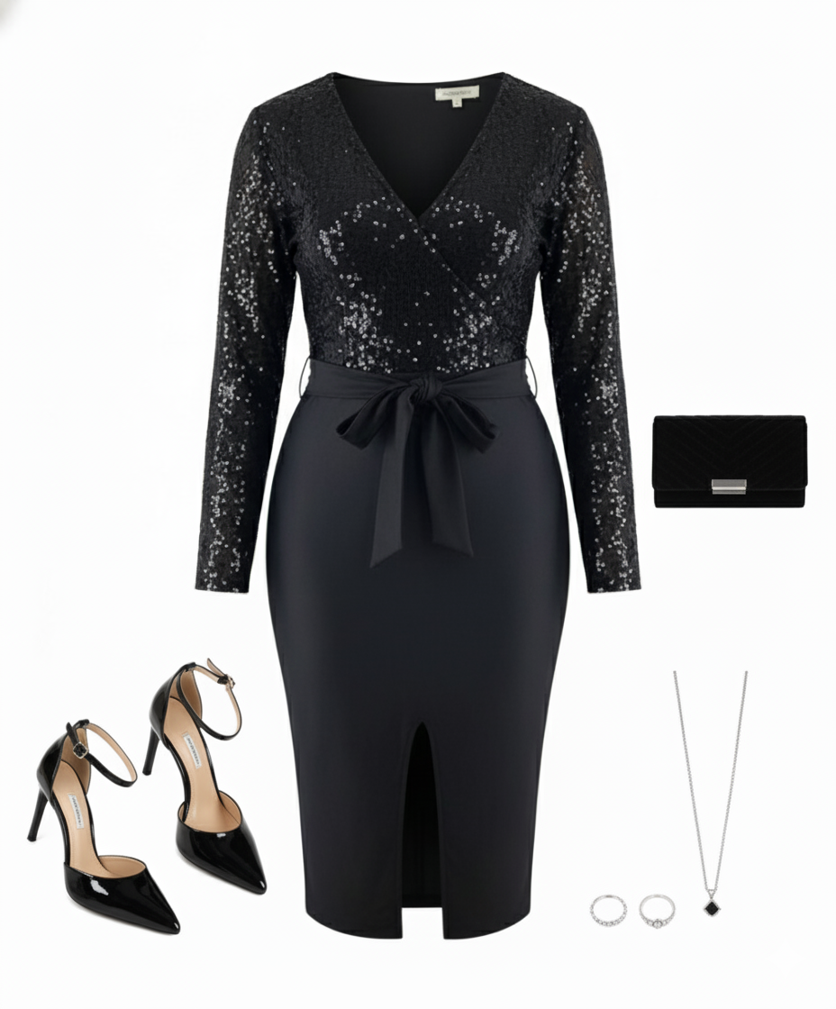 Vestido 3/4 con brillo que enmarca tu cintura y deslumbra al instante
