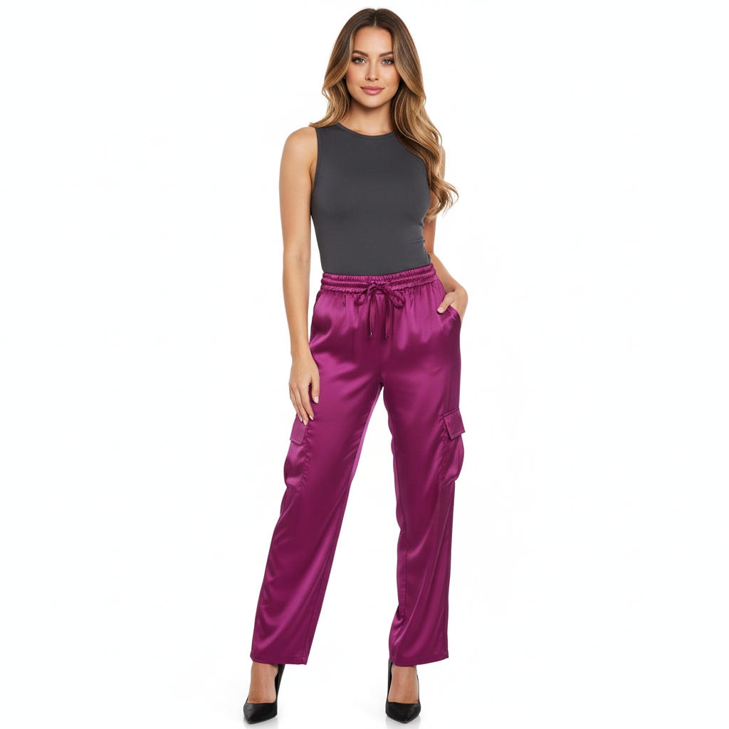 Pantalón cargo satinado con caída fluida y efecto visual vibrante