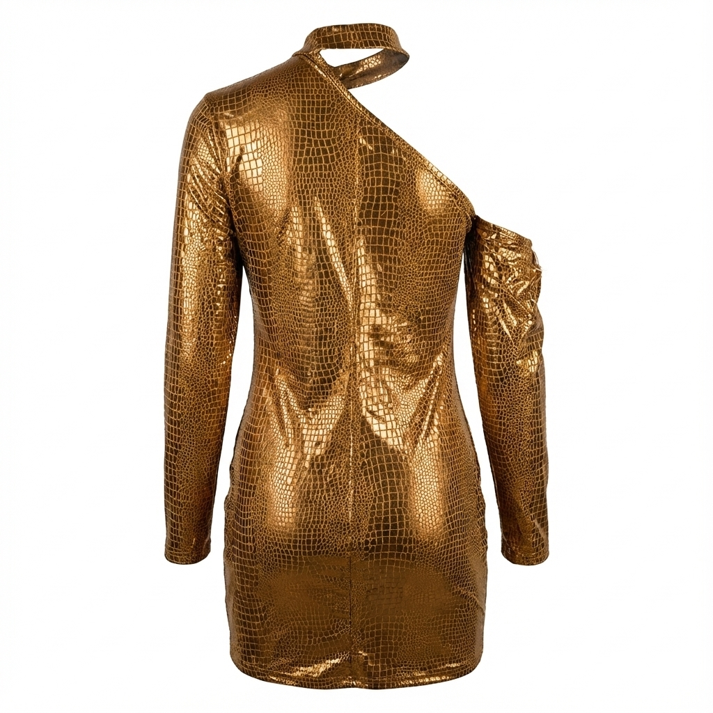 Minivestido con escote asimétrico que brilla con glamour moderno