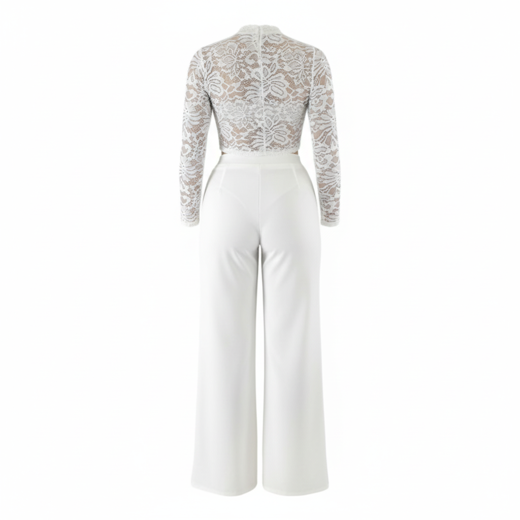Conjunto pantalón y blusa de encaje que estiliza con delicadeza estructurada
