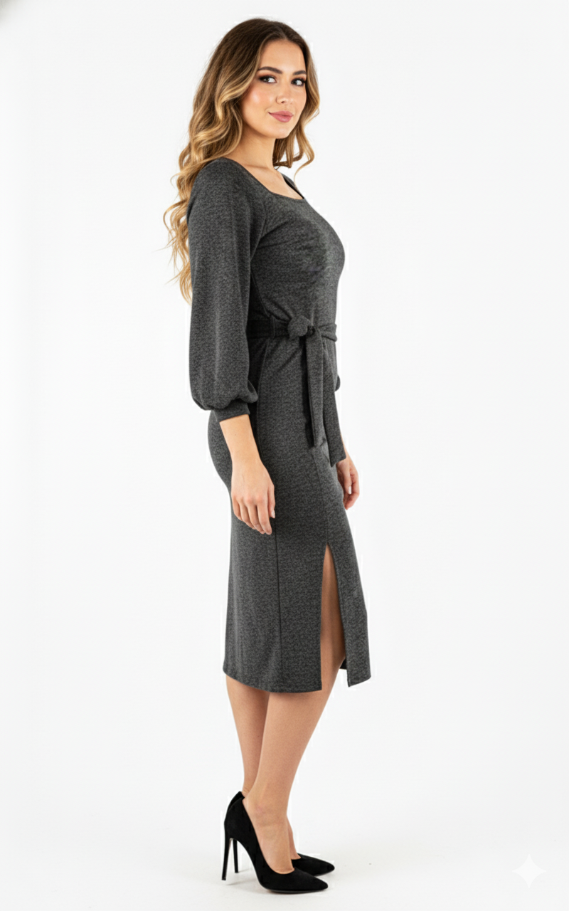 Vestido manga larga con brillo sutil que define tu cintura con elegancia relajada