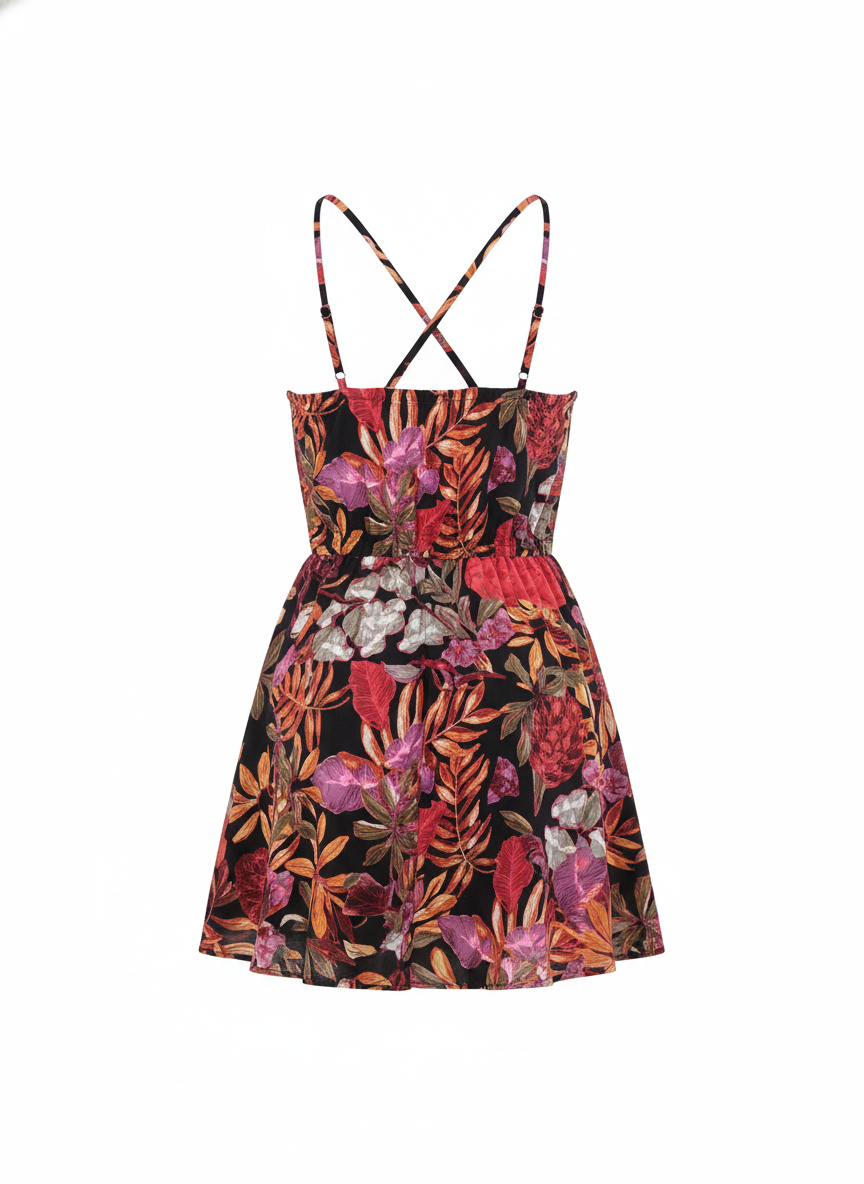 Vestido corto cruzado de tirantes que realza tu silueta con frescura floral