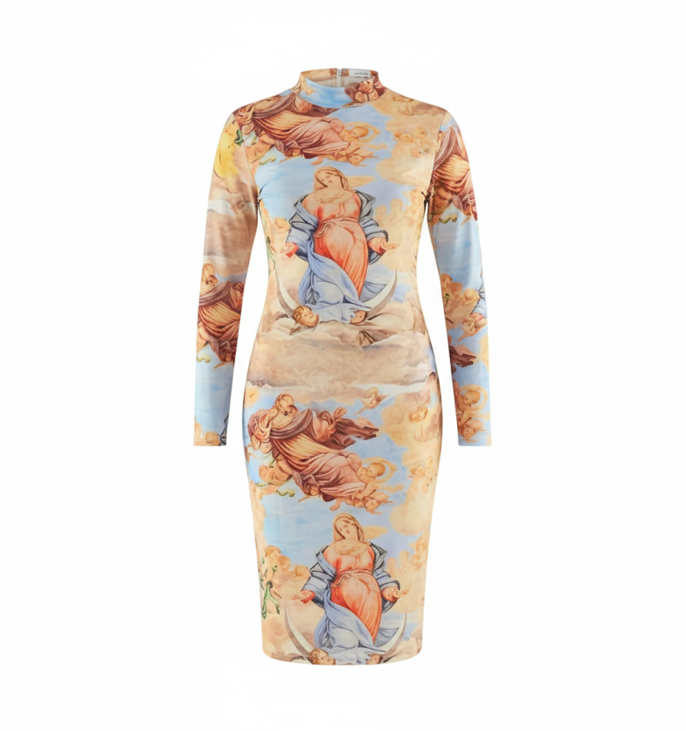 Vestido corte chanel con estampado celestial que estiliza con arte visual