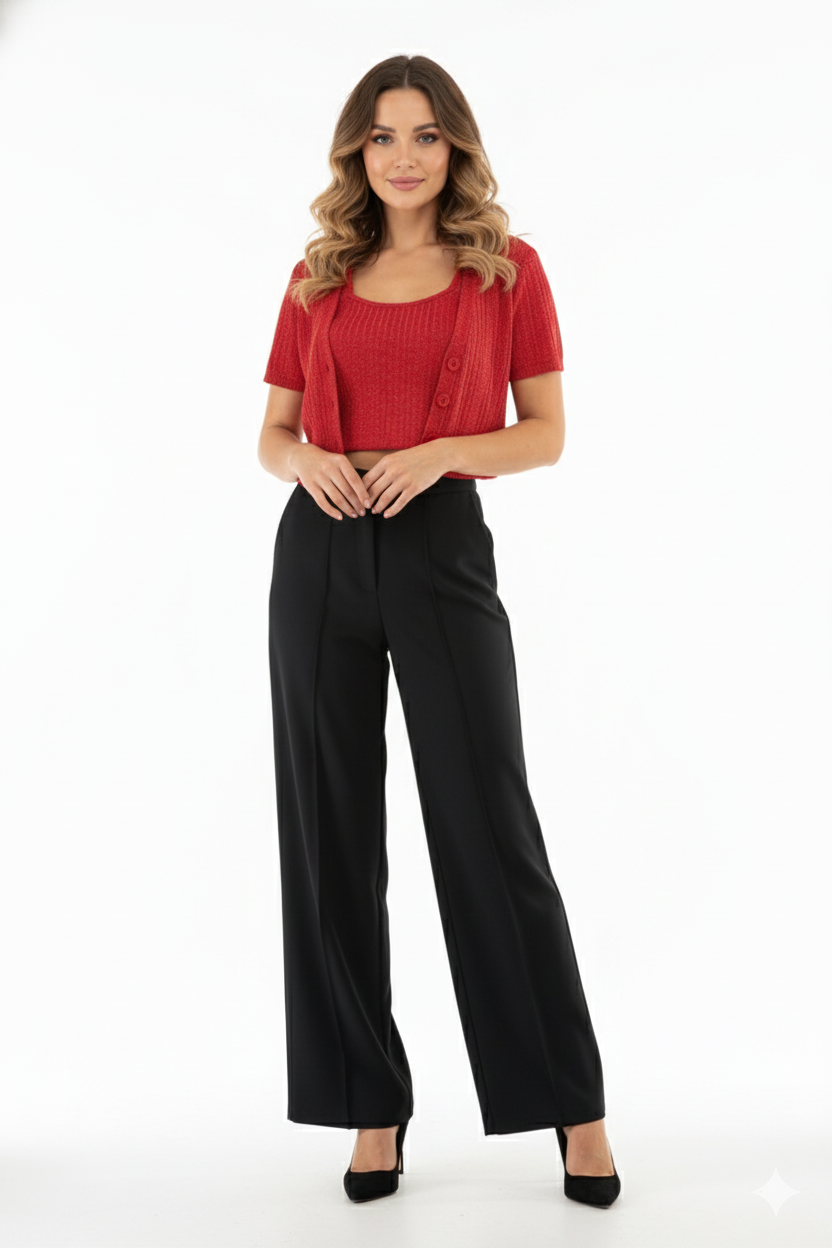 Conjunto acampanado de tres piezas con brillo sutil que estiliza tu silueta