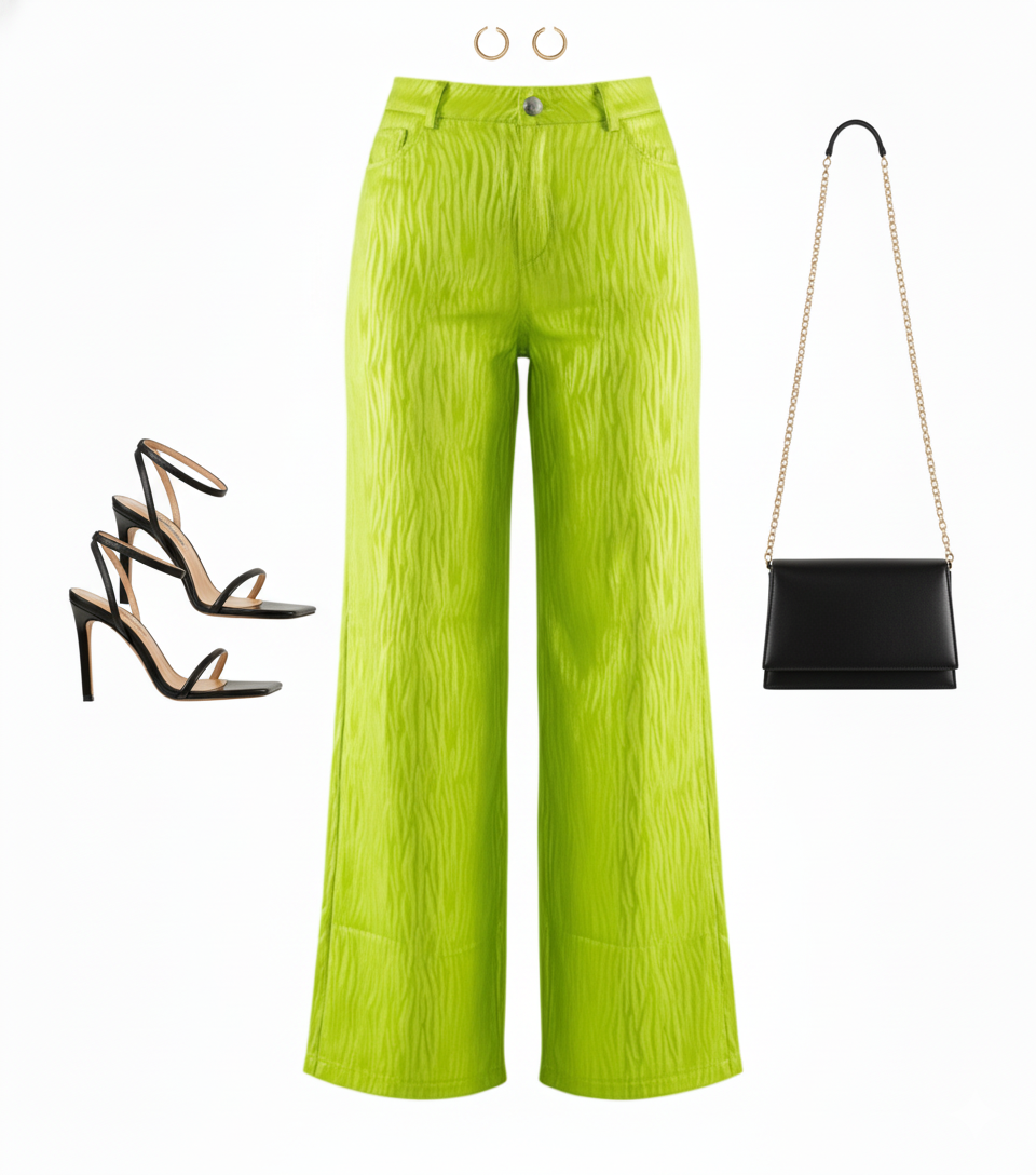 Pantalón acampanado con textura brillante que estiliza con movimiento