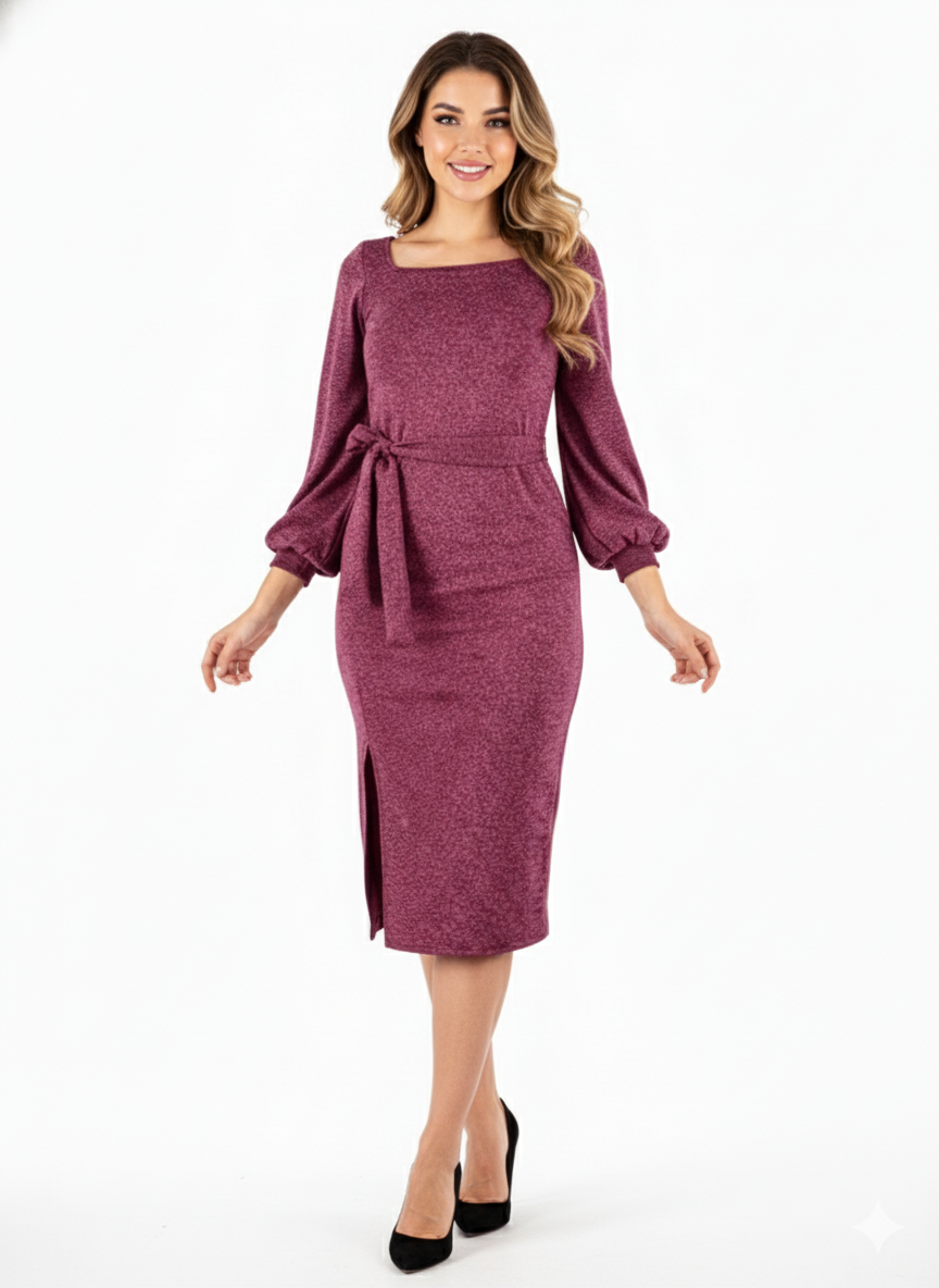 Vestido manga larga con brillo sutil que define tu cintura con elegancia relajada