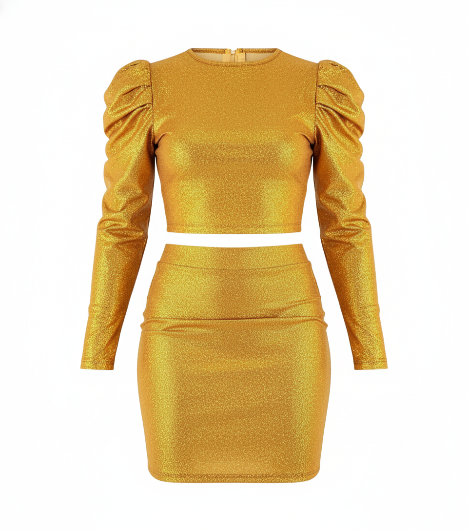 Conjunto de falda corta y blusa que resalta tu brillo con estilo audaz
