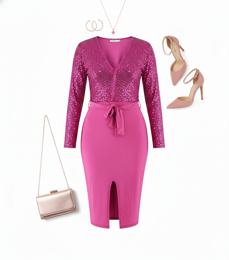 Vestido 3/4 con brillo que enmarca tu cintura y deslumbra al instante