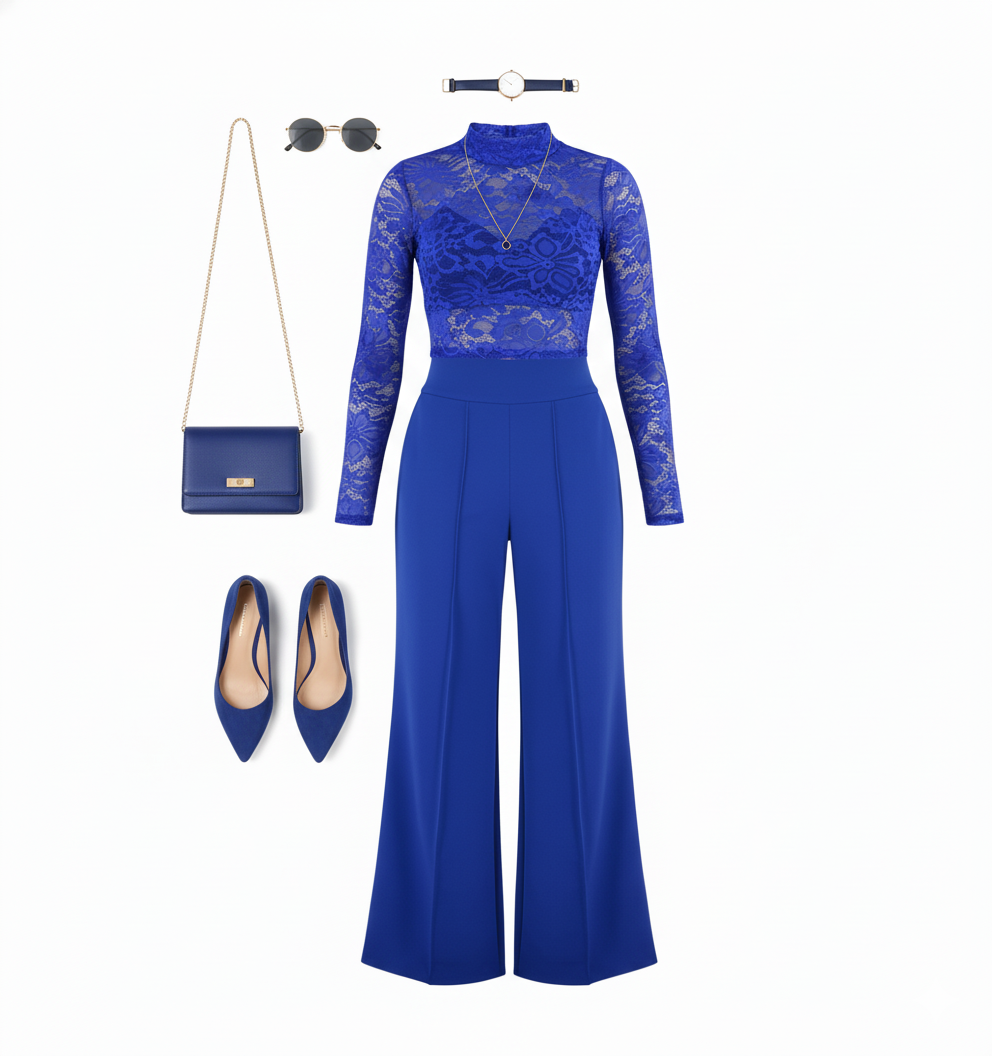 Conjunto pantalón y blusa de encaje que estiliza con delicadeza estructurada