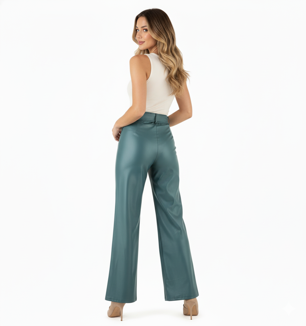 Pantalón acampanado con efecto vinilado que alarga tu silueta con estilo audaz