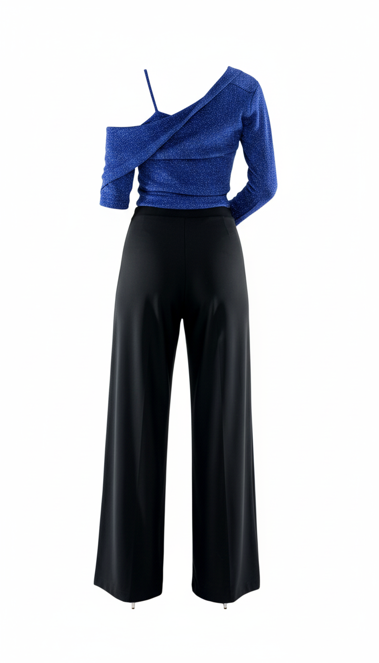 Conjunto acampanado de tres piezas con brillo sutil que estiliza tu silueta