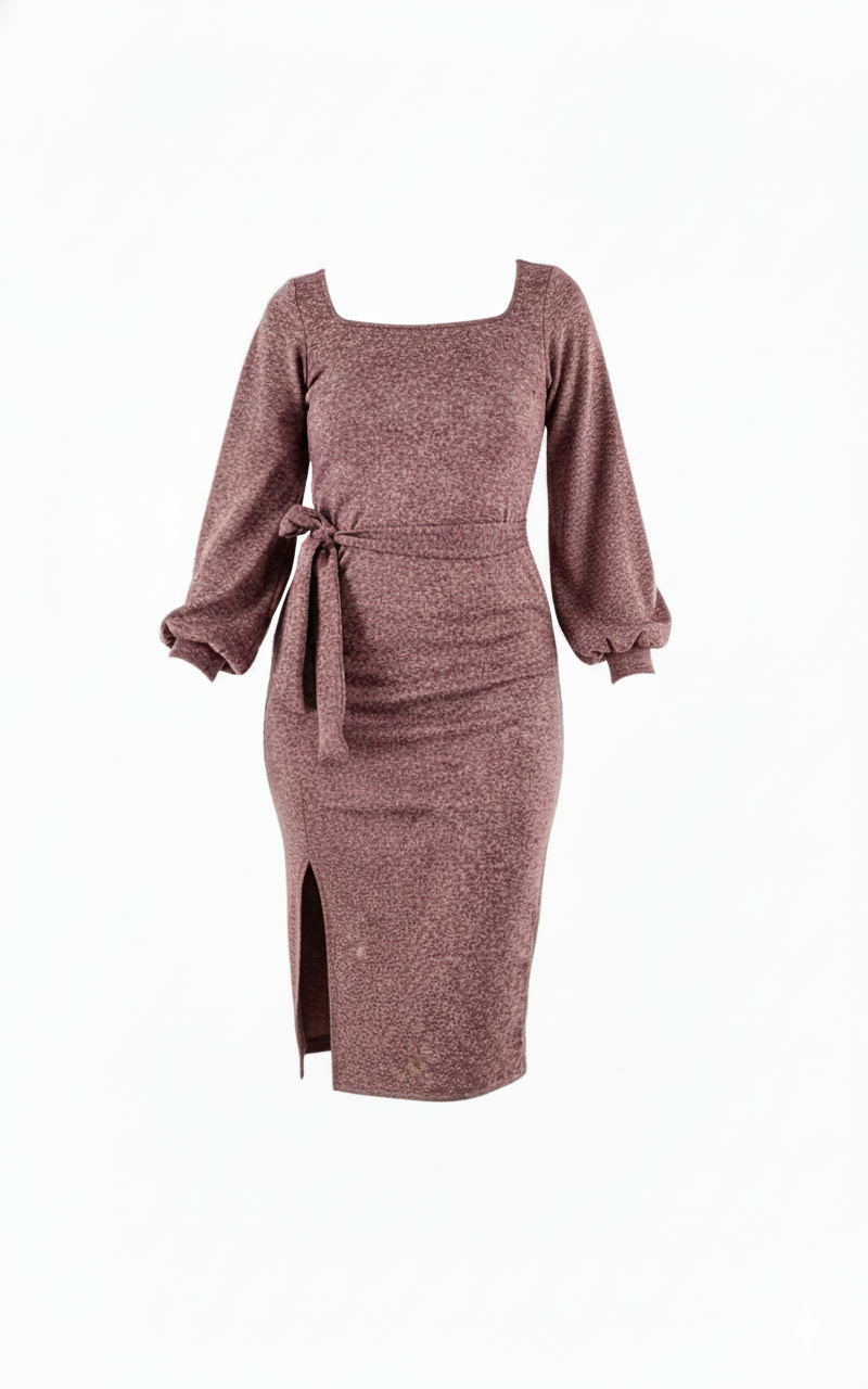 Vestido manga larga con brillo sutil que define tu cintura con elegancia relajada