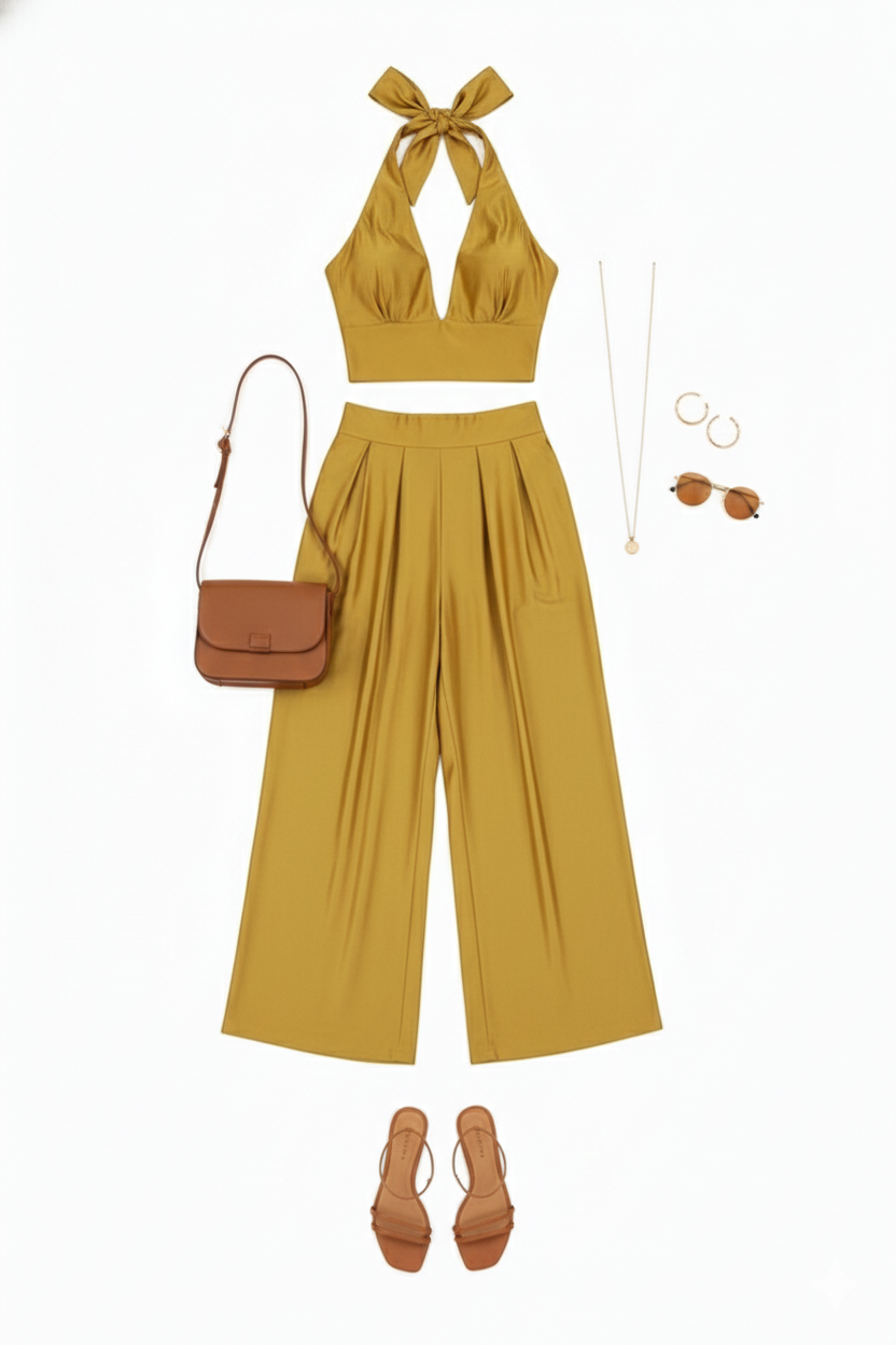 Conjunto satinado con top halter y pantalón acampanado que alarga tu silueta
