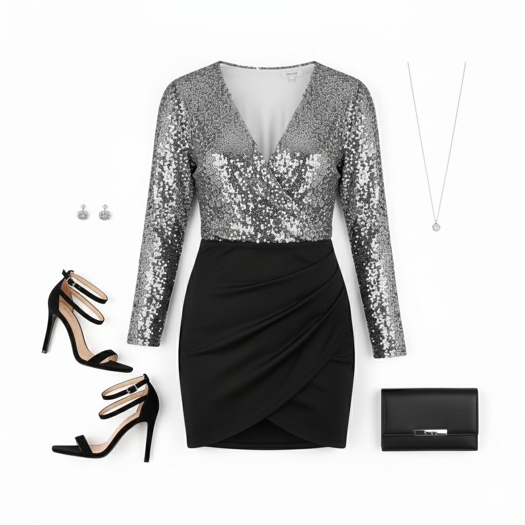 Vestido mini manga larga con brillo que realza tu silueta con elegancia festiva