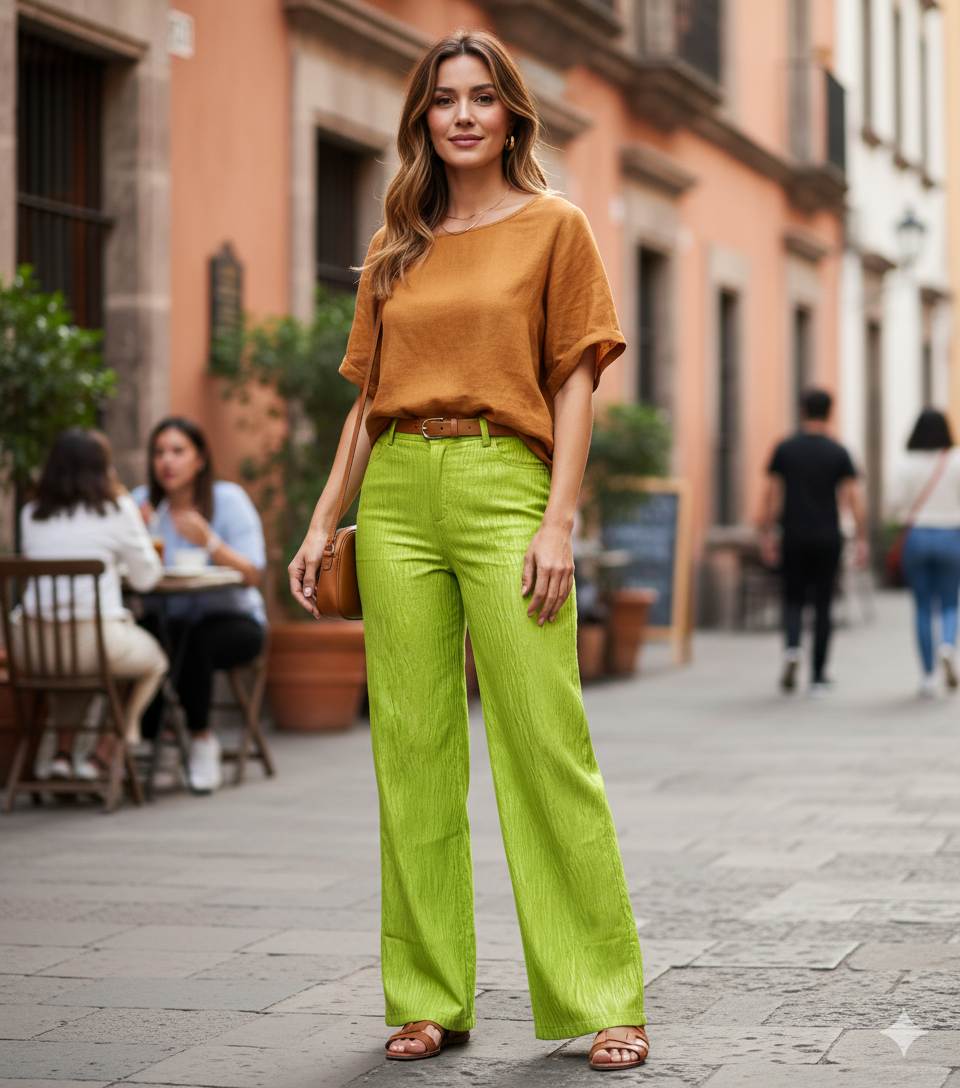 Pantalón acampanado con textura brillante que estiliza con movimiento