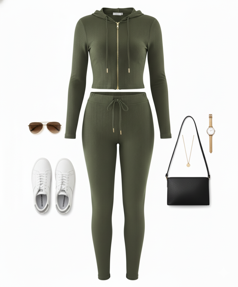 Conjunto deportivo con capucha que estiliza con fuerza visual