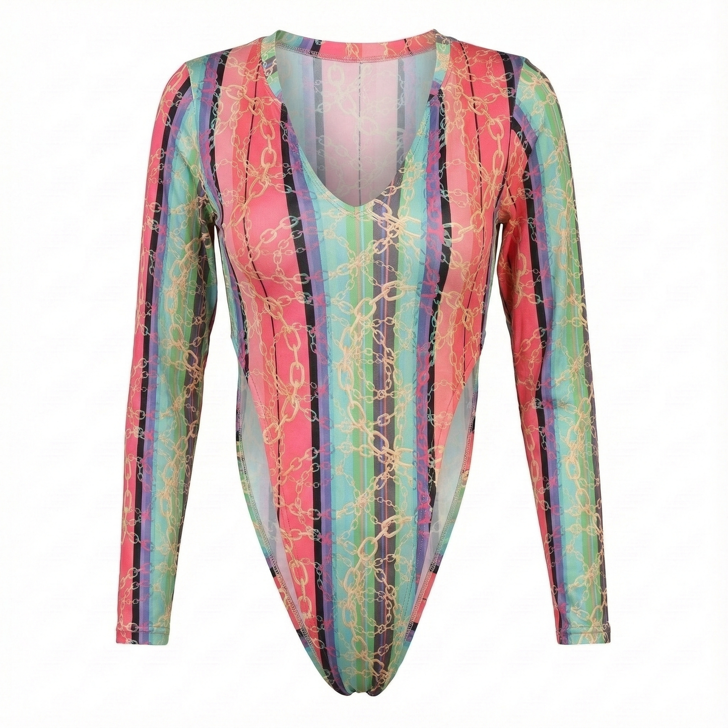Pantyblusa brasileña de rayas multicolor con cadenas doradas y espalda descubierta