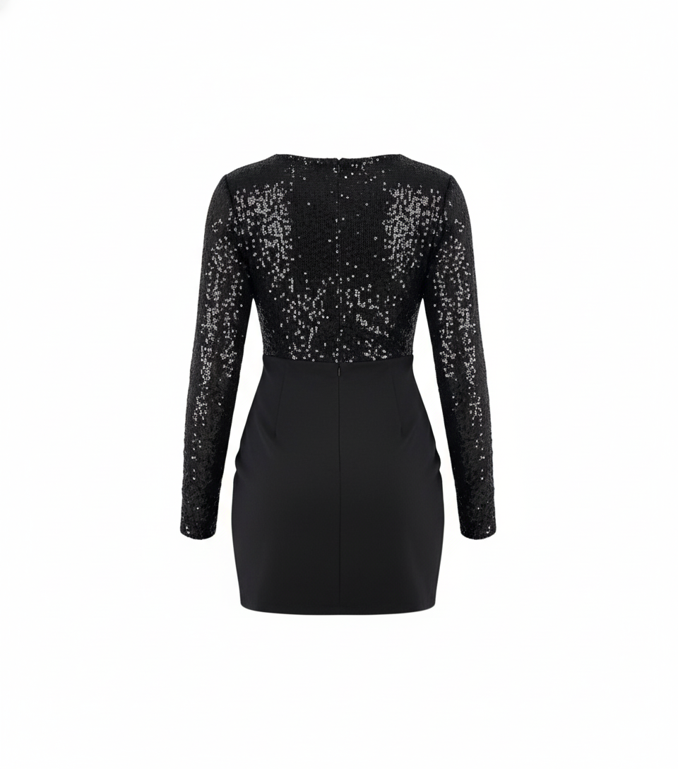 Vestido mini manga larga con brillo que realza tu silueta con elegancia festiva