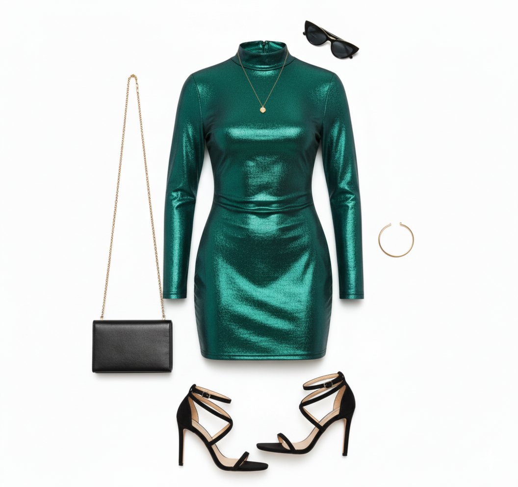 Minivestido manga larga con brillo que roba miradas