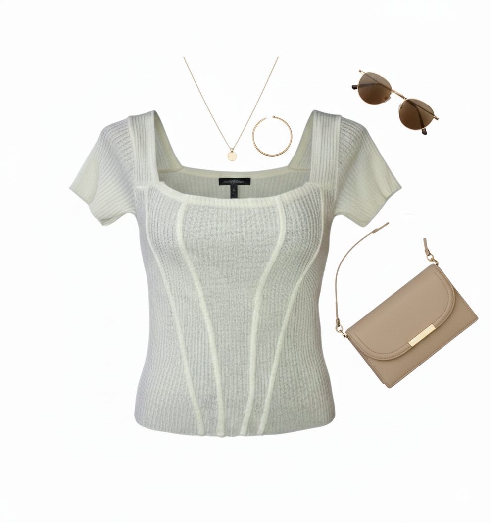 Blusa rib manga corta con escote cuadrado y costuras moldeadoras