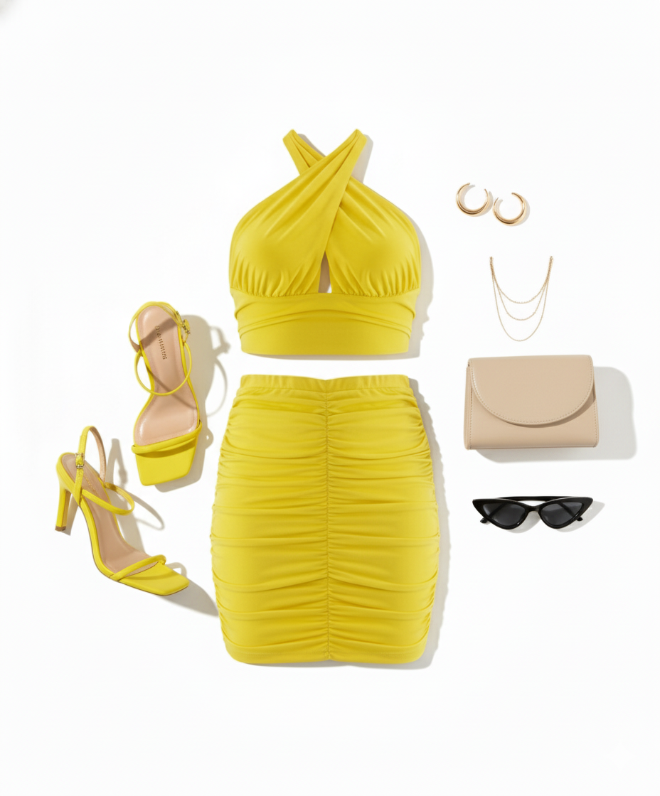 Conjunto falda corta y top cruzado que realza tu silueta con frescura moderna