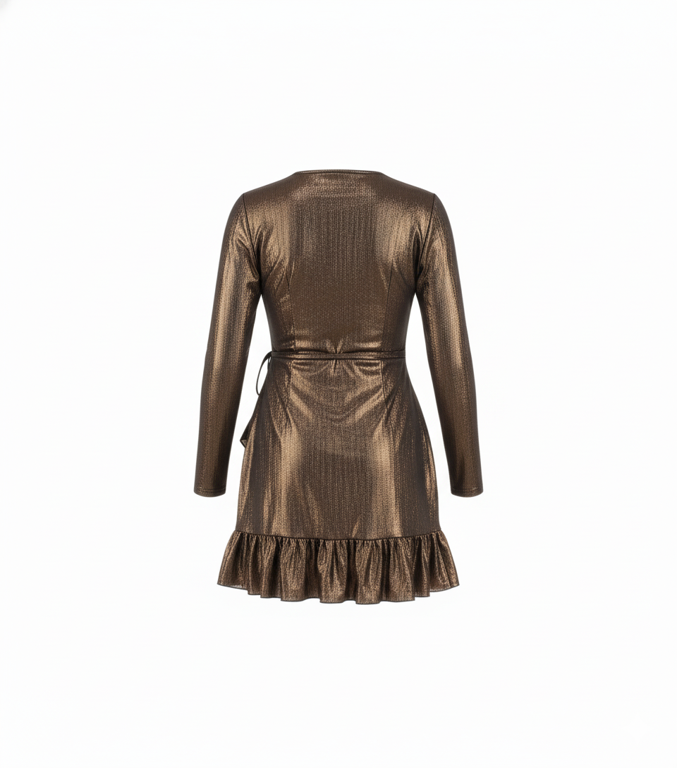 Vestido corto metálico con escote en V y olanes que realzan tu silueta