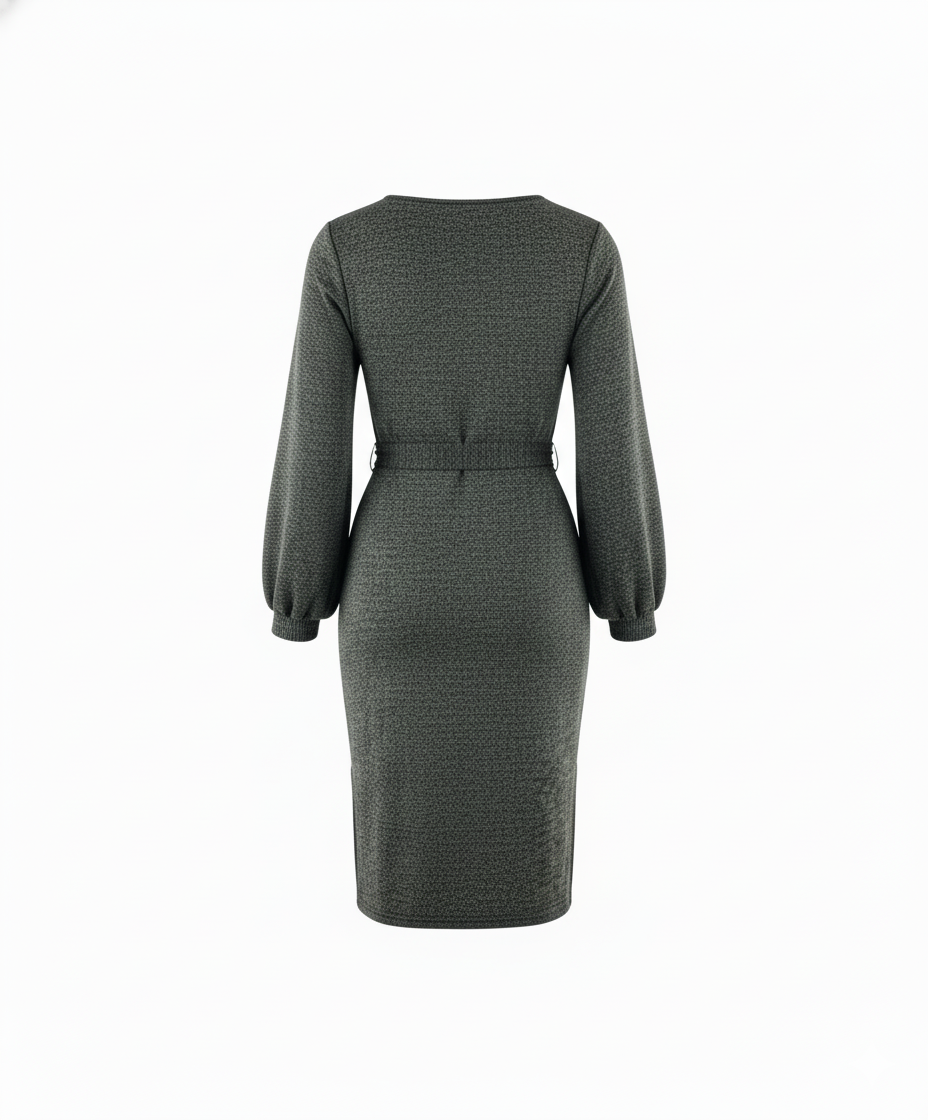 Vestido manga larga con brillo sutil que define tu cintura con elegancia relajada