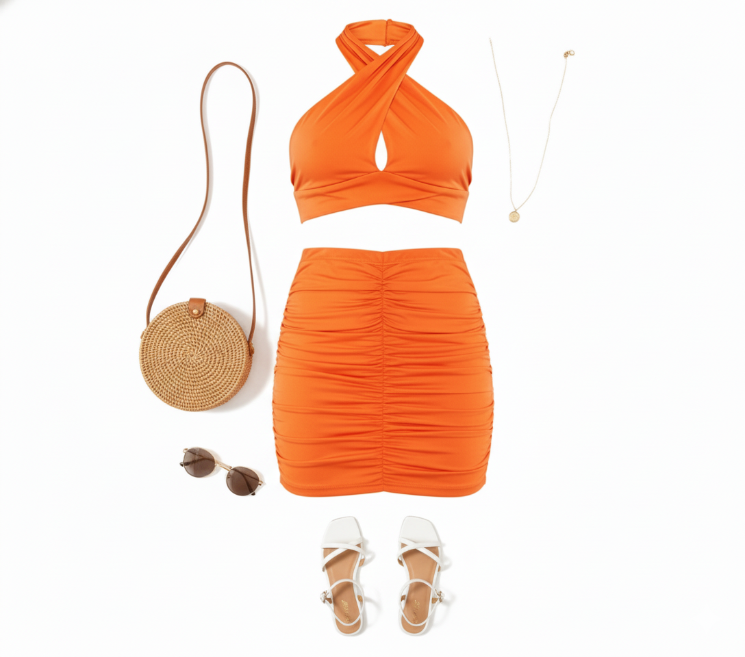 Conjunto falda corta y top cruzado que realza tu silueta con frescura moderna