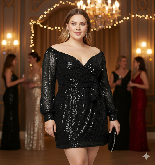 Vestido corto brillante con escote en V que estiliza con sensualidad elegante