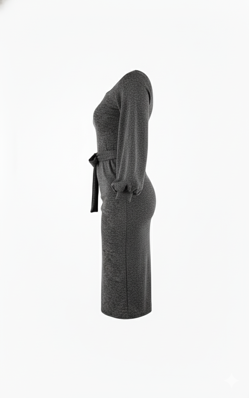 Vestido manga larga con brillo sutil que define tu cintura con elegancia relajada