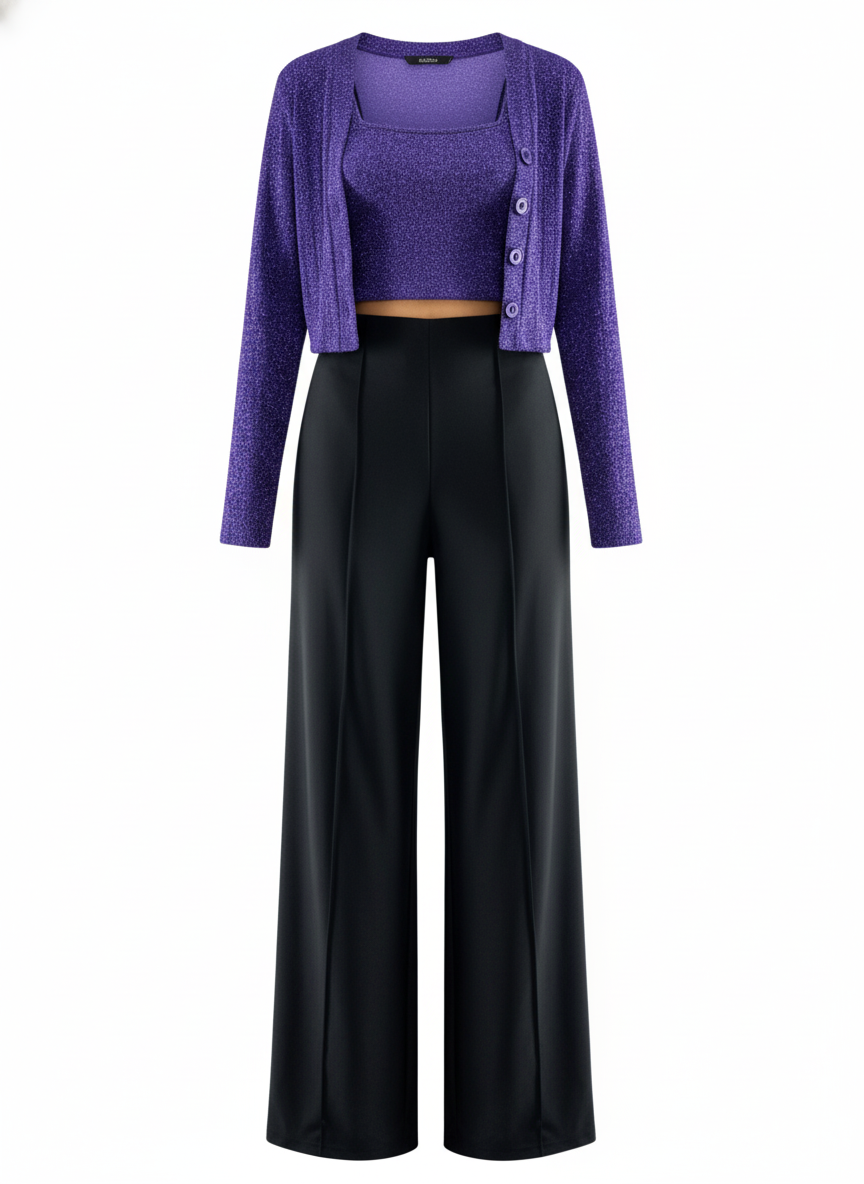 Conjunto acampanado de tres piezas con brillo sutil que estiliza tu silueta