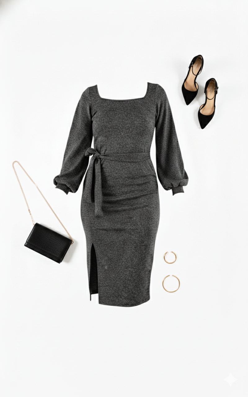 Vestido manga larga con brillo sutil que define tu cintura con elegancia relajada