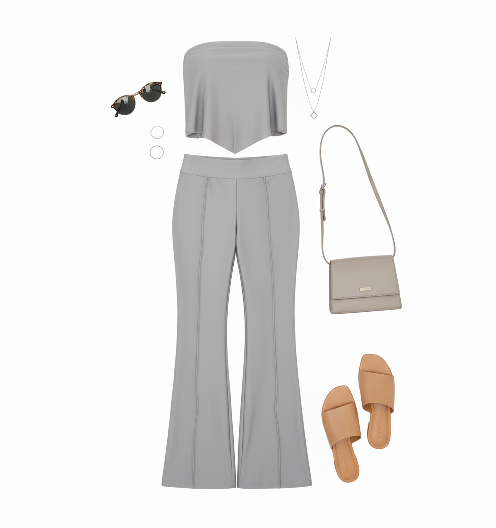 Conjunto de pantalón acampanado y top strapless que estiliza tu silueta