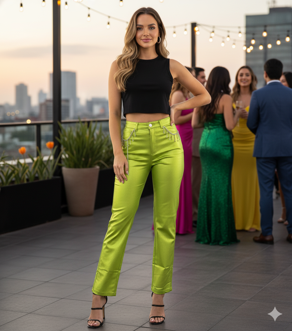 Pantalón recto satinado con brillo sutil y detalle de cadenita