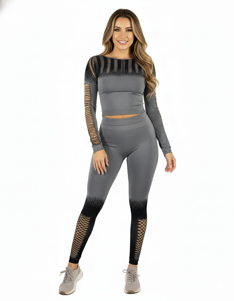 Conjunto deportivo largo con diseño calado y efecto degradado que estiliza tu silueta