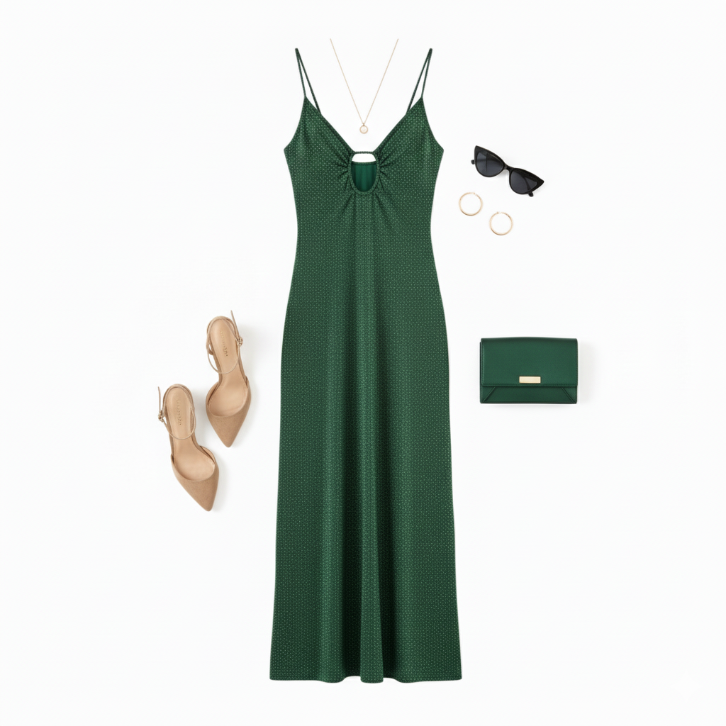 Vestido largo de tirantes con caída fluida y brillo discreto