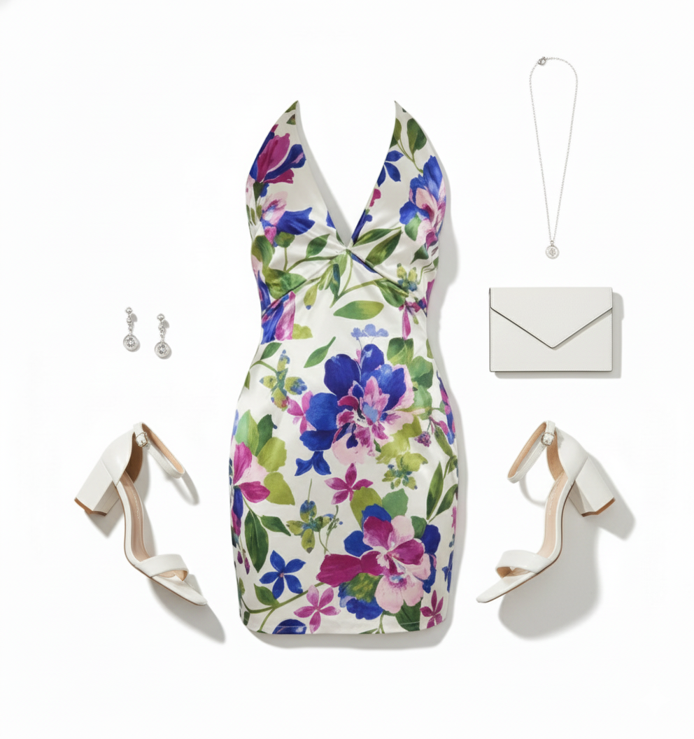 Vestido corto satinado con cuello halter que resalta tu figura con flores vibrantes
