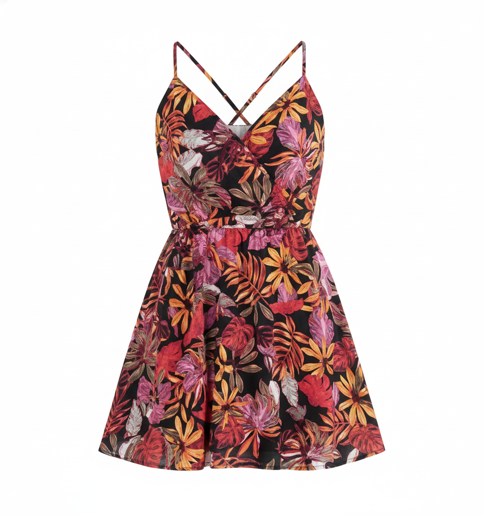 Vestido corto cruzado de tirantes que realza tu silueta con frescura floral