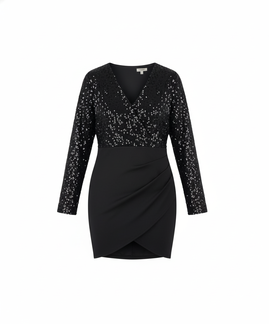 Vestido mini manga larga con brillo que realza tu silueta con elegancia festiva