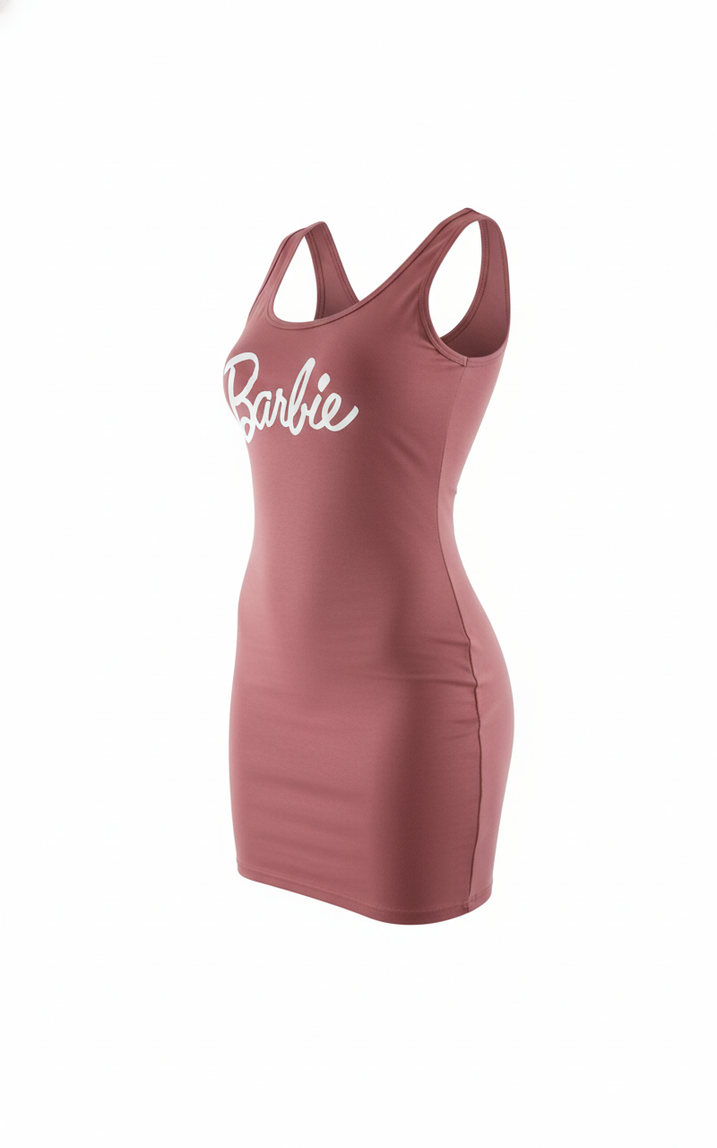 Vestido corto acanalado con estampado Barbie para un look divertido y coqueto