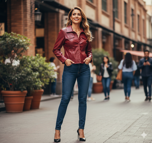 Chamarra corta de vinipiel con estructura que impone presencia