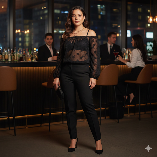 Blusa off shoulder con transparencias florales que evoca romanticismo campirano