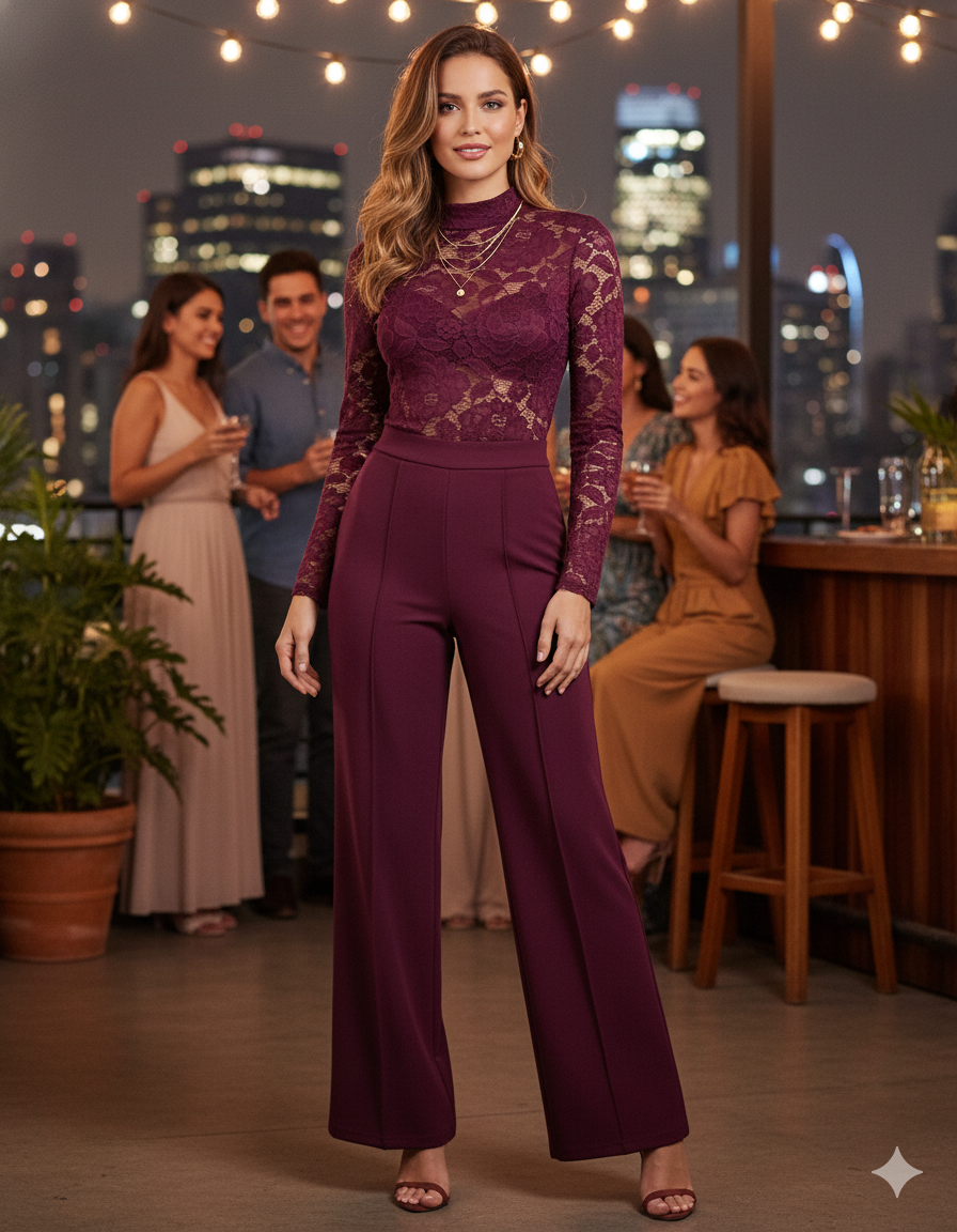 Conjunto pantalón y blusa de encaje que estiliza con delicadeza estructurada