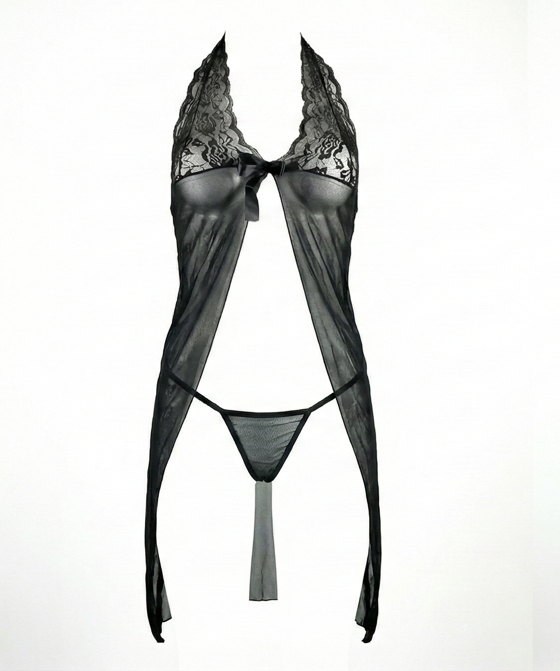 Babydoll largo de encaje y transparencias con escote halter y corte sensual