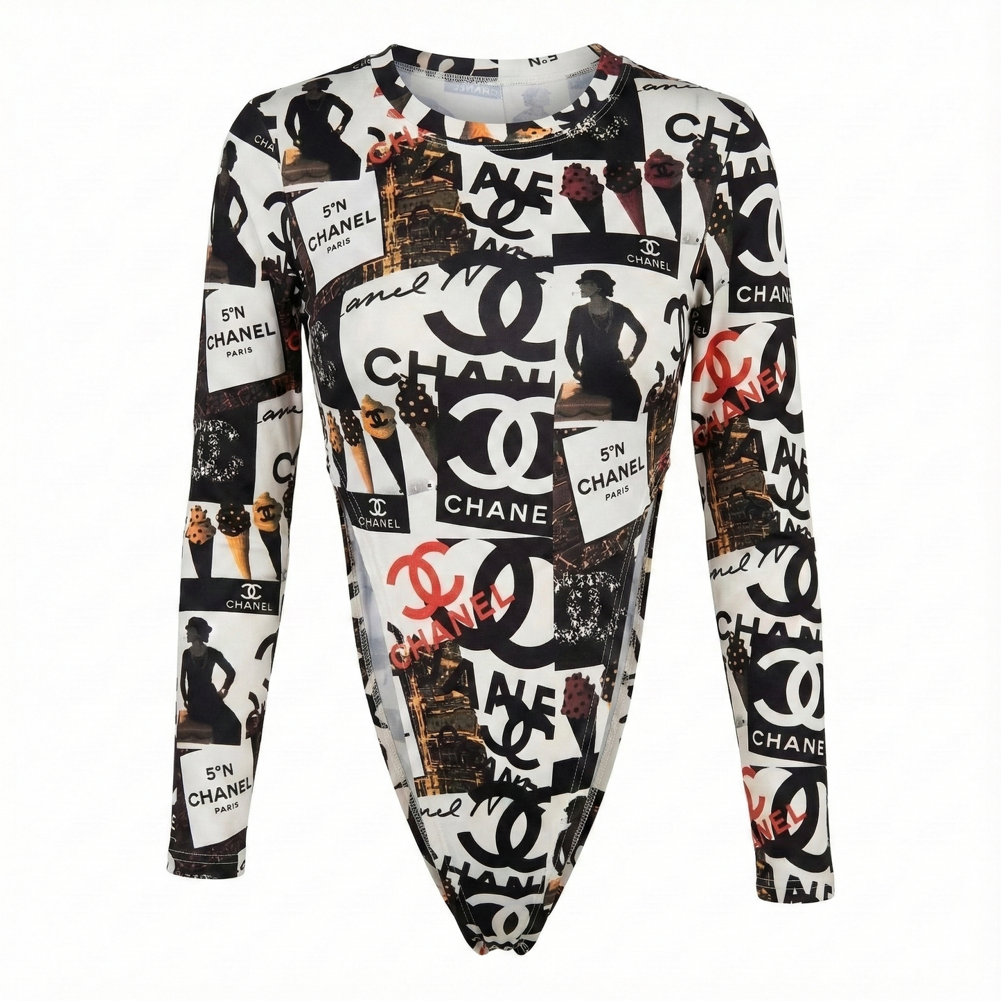 Pantyblusa brasileña estampada de impacto gráfico con manga larga y ajuste slim