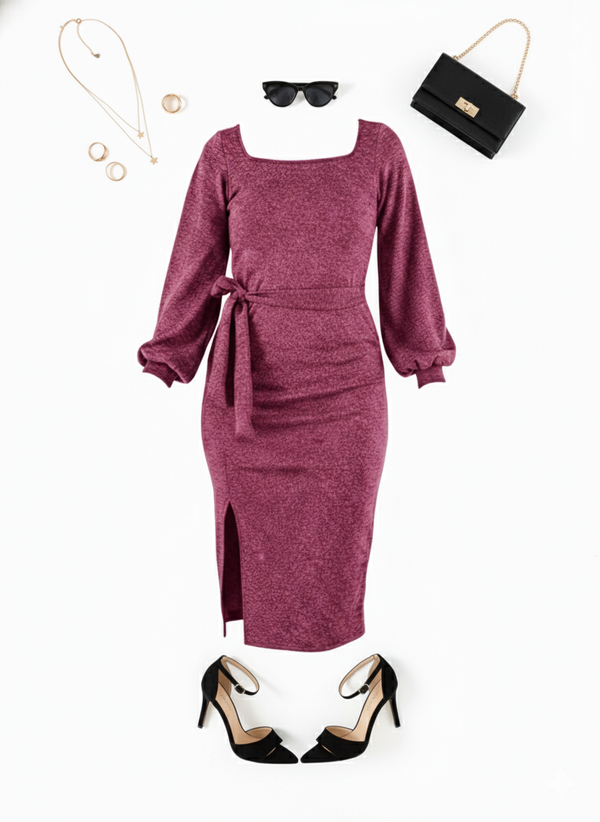 Vestido manga larga con brillo sutil que define tu cintura con elegancia relajada