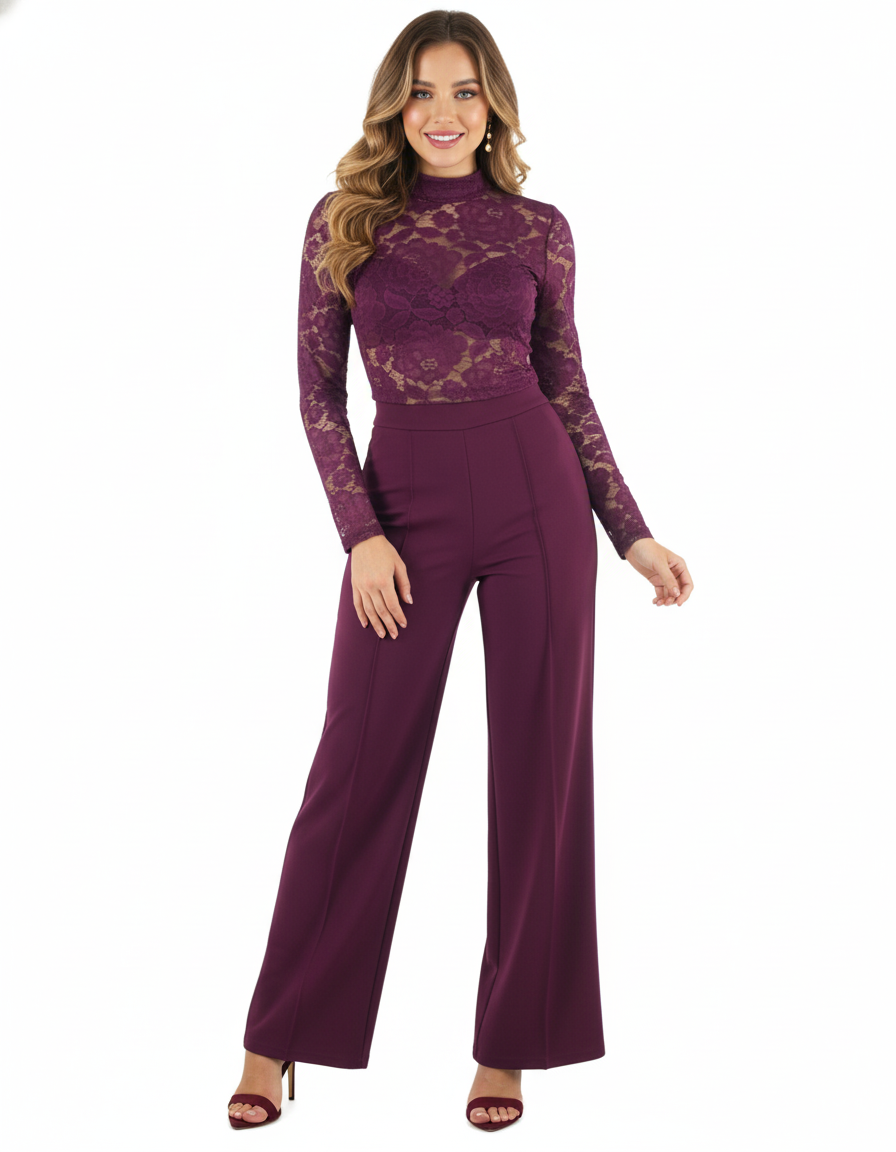 Conjunto pantalón y blusa de encaje que estiliza con delicadeza estructurada