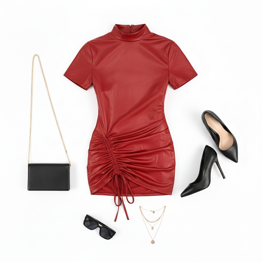 Minivestido entallado con cuello tortuga y fruncido lateral en efecto vinil