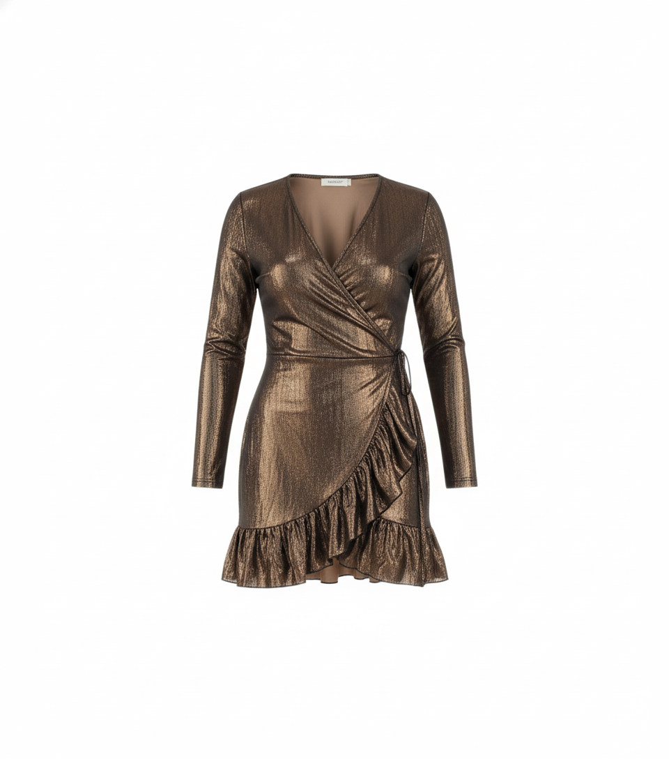 Vestido corto metálico con escote en V y olanes que realzan tu silueta